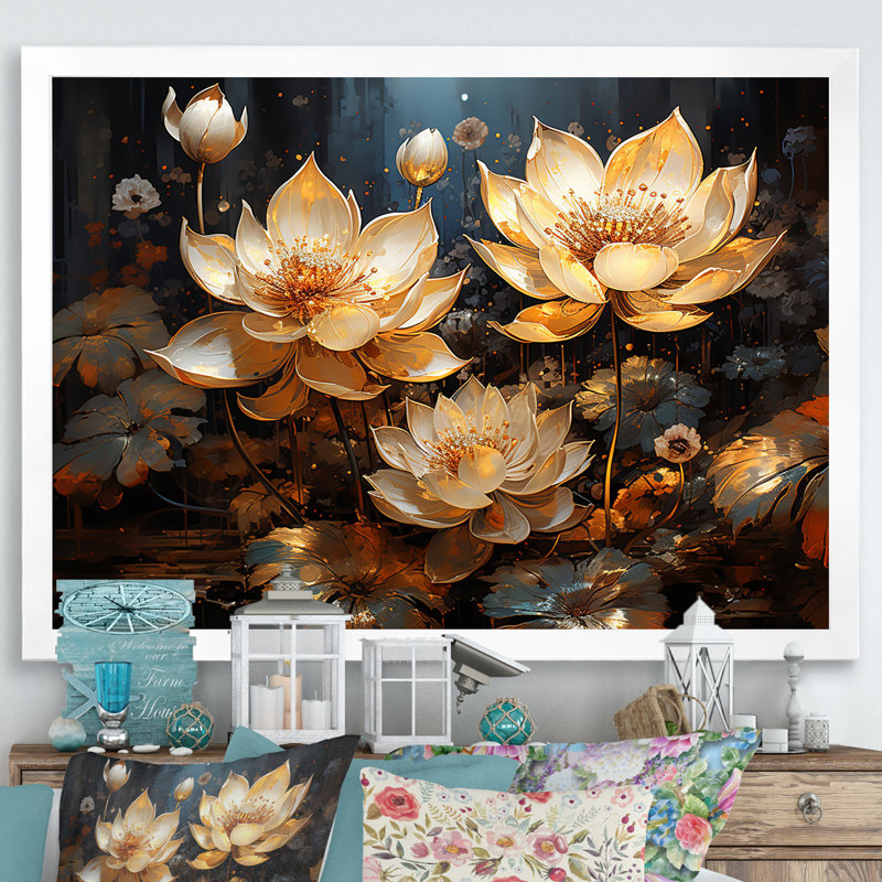 Golden Lotus Tranquility III sur toile, Cadre simple blanc, H 24 po x l 32 po x P 1 po