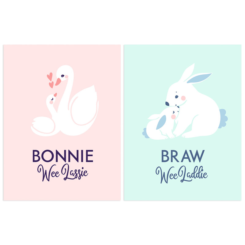 Scottish Kids Baby Nursery Bonnie Boy Girl Lassie Laddie Swan Bunny - 2 Piece No Frame Print Set, 29.7cm H x 21cm W x 0.4cm D