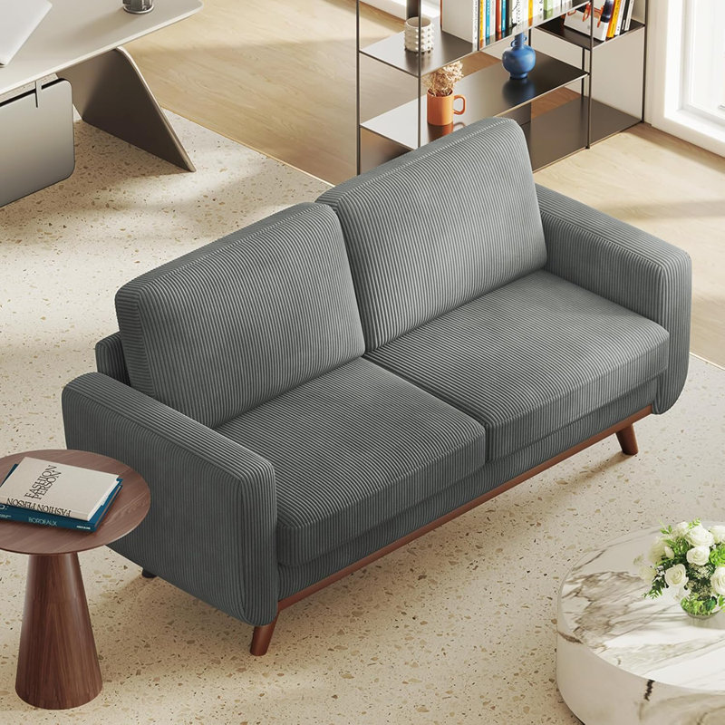 68'' Dark Gray Corduroy Loveseat Sofa with Walnut Legs
