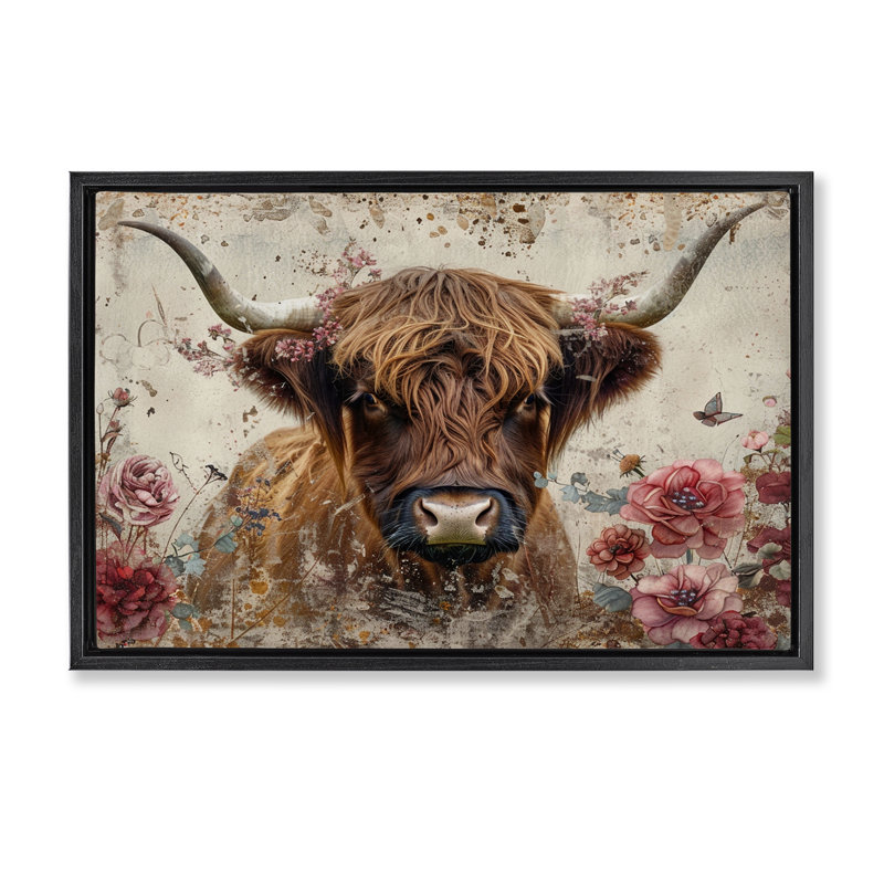 Toile flottante encadrée «Highland Cow in Spring» par LSR Design Studio, Cadre flottant noir de jais, H 17 po x l 25 po