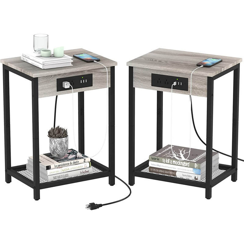 Fika End Table Set and Built-In Outlets, Gray/Black