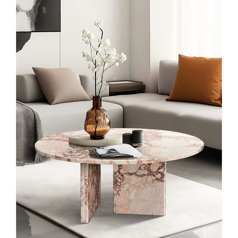 Table basse ronde en marbre rose naturel, hauteur 32 cm, élément de décoration luxueux pour le salon, surface polie, montage rapide, détail distinctif pour la maison, 70 x 32 cm, pièce maîtresse pour la décoration de l'espace, finition.