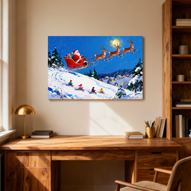 Noël père Noël survolant un paysage enneigé, H 12 po x l 18 po