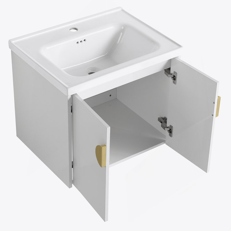 Meuble-lavabo de 60 po avec portes à fermeture en douceur avec lavabo et petites tablettes de rangement., Blanc