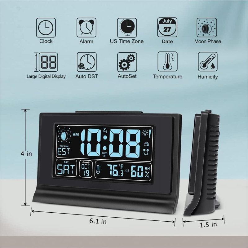 Alarm Clocks For Bedrooms With Battery Backup, Auto Set Digital Clock With Date And Day Of Week, Indoor Temperature Humidity, Moon Phase, Dimmer, Auto DST, USB Port
