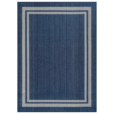 Border Navy/Ivory Easy-Care Jute-Style Indoor/Outdoor Flat Woven Area Rug