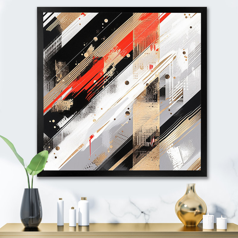 «Red and Gold Cubic Abstract II», reproduction sur toile, H 36 po x l 36 po x P 1,5 po, Cadre photo noir