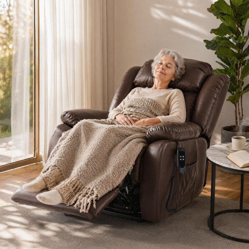 Dual Motor Leather Power Lift Recliner, Infinite Position Lay Flat, Heat & Massage for Adult&Elderly, Beige