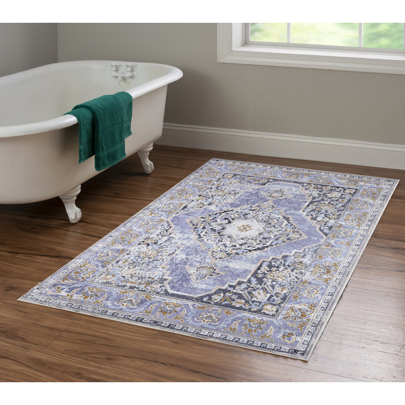 Tapis lavande et ivoire tissé à plat à la machine Emanuel , Rectangle 3 pi 3 po x 5 pi