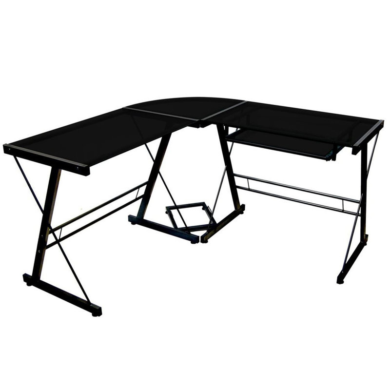 Wendell L-Shaped Glass Top Metal Base Computer Desk, Black / Black Glass