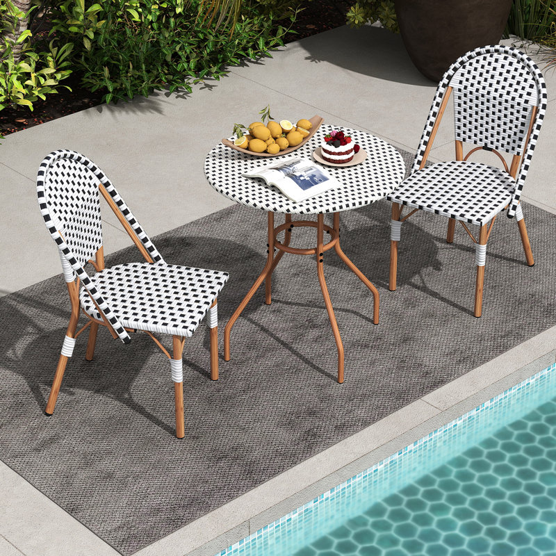 3 Piece french Table Chair Set Outdoor Wicker Round Table & 2 Dining Chairs