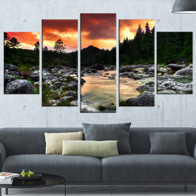 Rocky Mountain River At Sunset - 5 Piece Wrapped Canvas Photograph