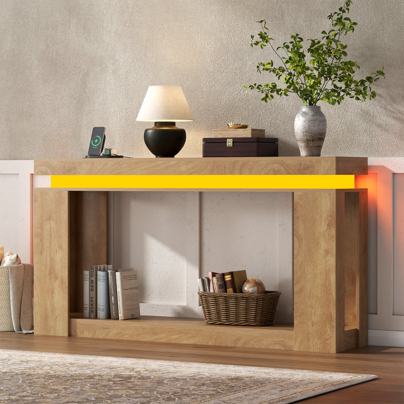 63" Long Console Table With Led Lights And Power Outlet, 2-Tier Farmhouse Sofa Table Behind Couch With Storage(Brown)
