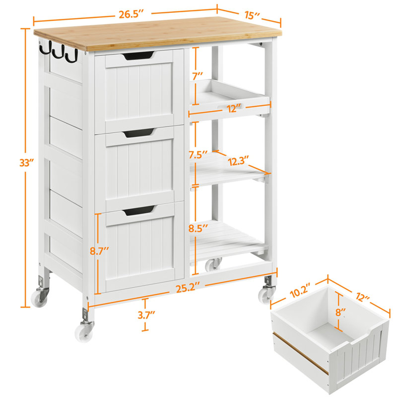 Solid Wood Top Kitchen Island, White
