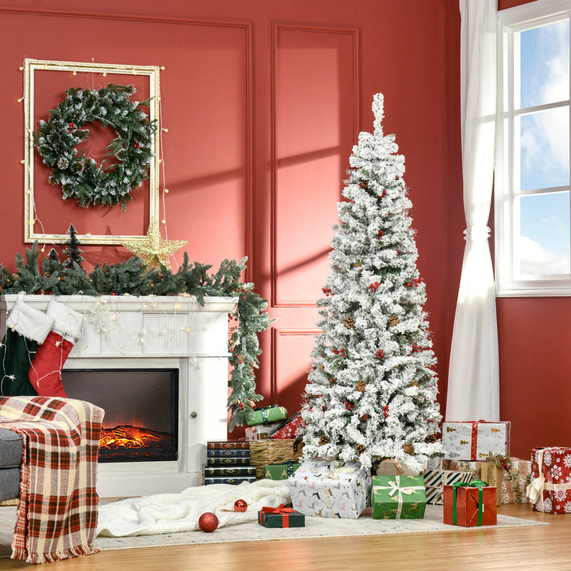 Arbre de Noël artificiel enneigé 6 pi avec 600 branches de pin réalistes, pommes de pin, baies rouges, ouverture automatique, vert