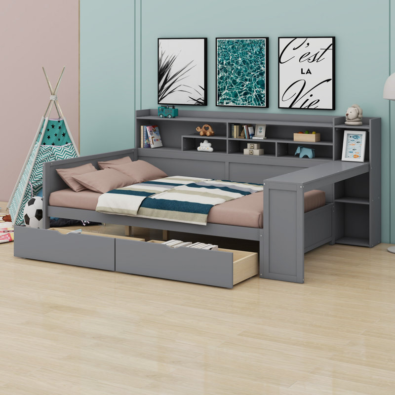 Lit de jour en bois avec tablettes de rangement, lit multifonctionnel avec tiroirs de rangement et bureau d'étude
