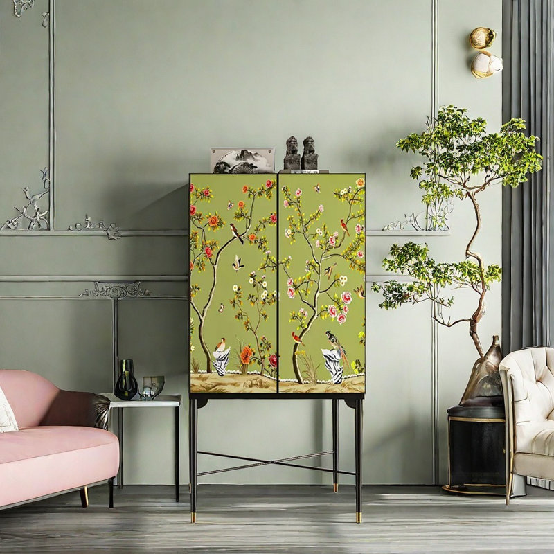 Bibliothèque en bois massif fleurs et oiseaux peints