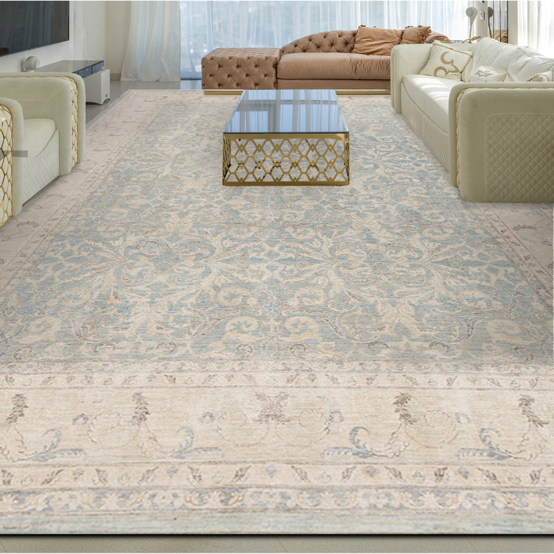 Wool Oriental Area Rug in Light Blue/Ivory/Brown