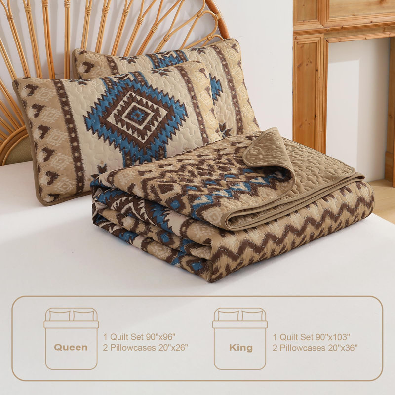 Ensemble de courtepointe 3 pièces à motif géométrique texturé de style bohème 3 pièces Aztec, Brun