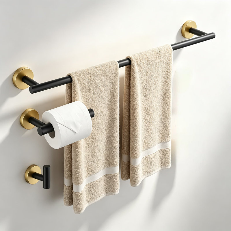 Ensemble de 4 accessoires de salle de bain noirs et dorés : porte-serviettes, anneau porte-serviettes, crochet et porte-papier hygiénique en acier inoxydable. Fixation murale antirouille. Parfait pour la salle de bain, la cuisine et la buanderie.