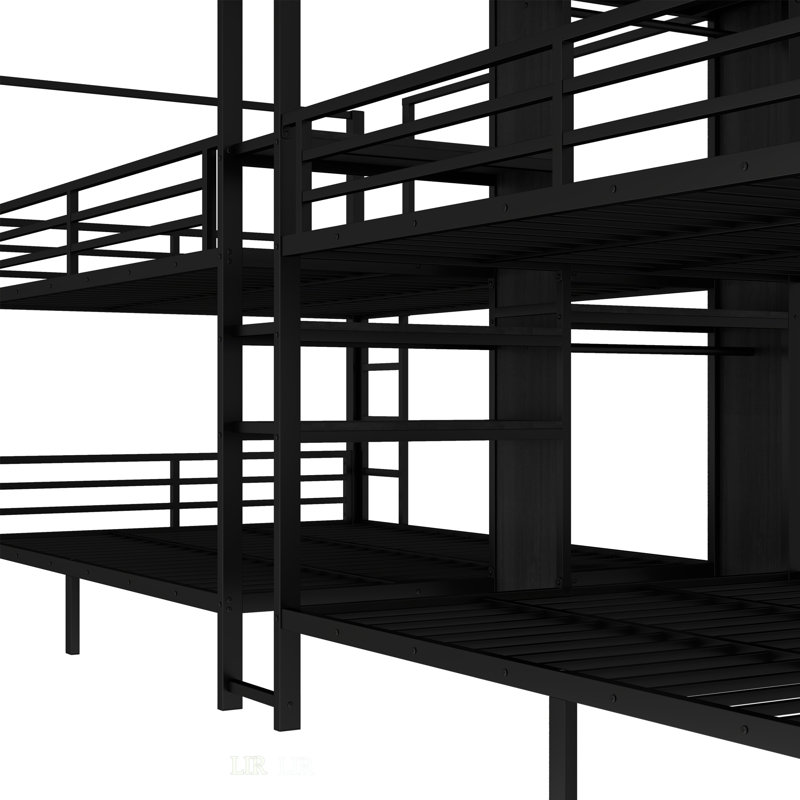 Grand lit double superposé en métal avec tablettes de rangement intégrées et garde-robe, structure robuste à bruit réduit, idéal pour l'efficacité de l'espace et la sécurité