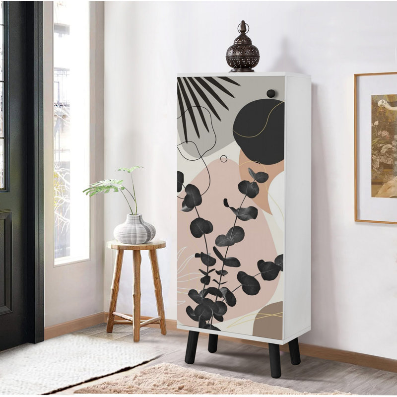 Stylish Shoe Cabinet with Solid Wood Legs & Handles, Abstract Design, 19.7 x 53.1 x 15.0 inches | 100% Melamine Coated Chipboard with UV Coating | Multiple Shelves, Modern Black & White Finish, Ideal for Organized Entryway