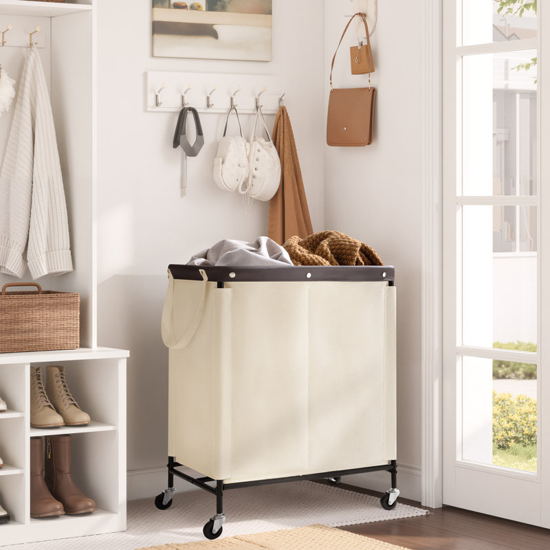 Laundry Hamper with Wheels, Rolling Laundry Cart, Dirty Clothes Basket for Hotels, Bathrooms, Dormitories, Medium 100L, 2-Section, Beige