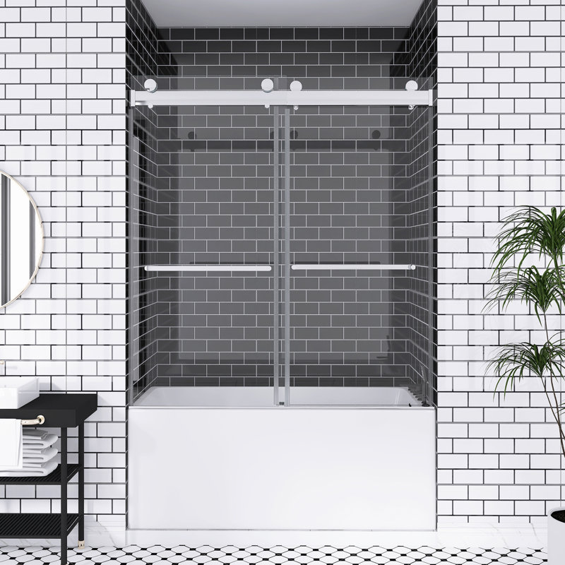 56-60 In. W X 62 In. H Double Sliding Frameless Bathtub Shower Door | Silent Soft Close | 5/16 Inch Thick  Tempered Glass With  Easy To Clean Coating | Reversible Installation | Chrome