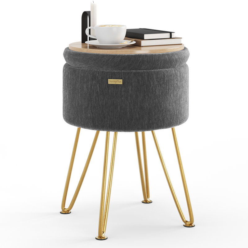 Table d'appoint moderne avec rangement, Velours gris velours, Doré