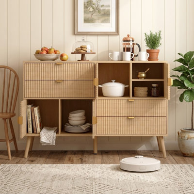 47.3" Wide Sideboard with 4 Drawers and 4 Doors, Mid-Century Modern Fluted Buffet Cabinet