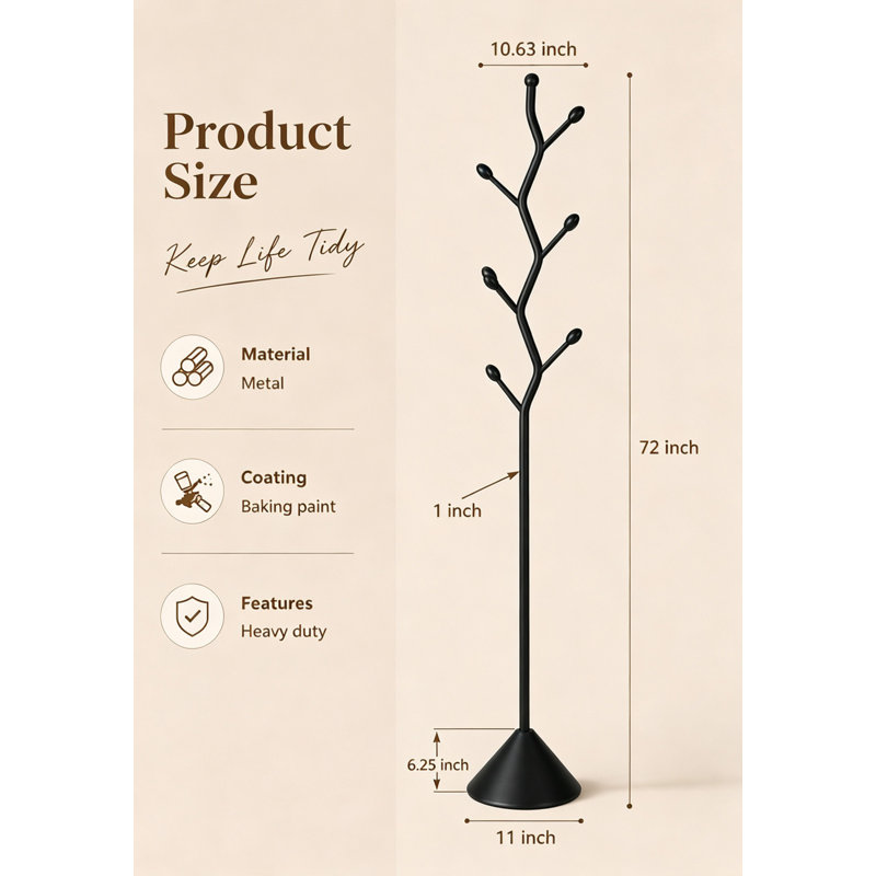 72" Contemporary Black Metal Coat Rack with 8 Hooks