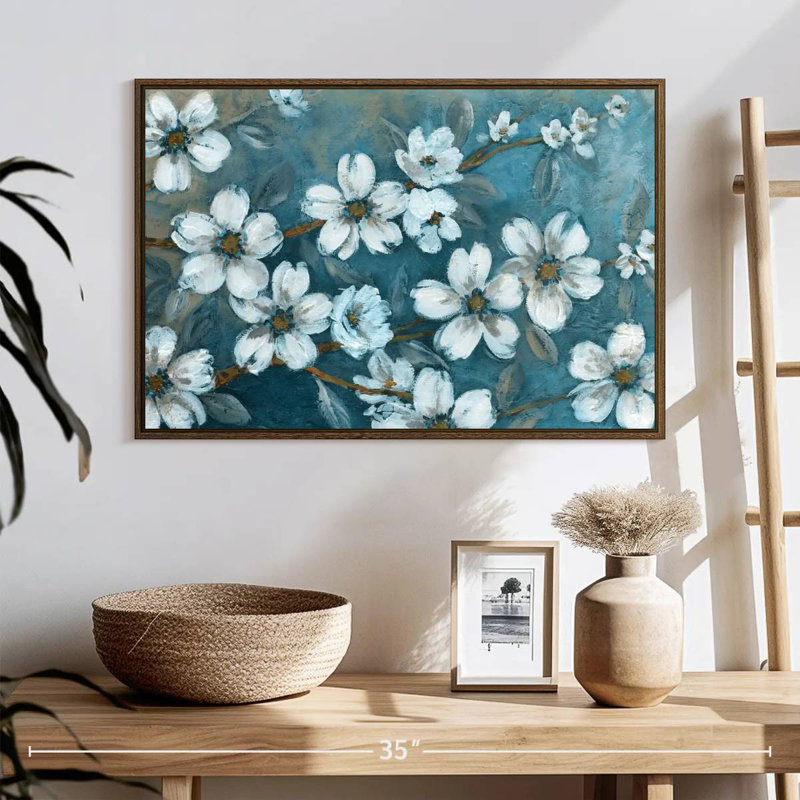 Fleurs du soir, 25 po x 17 po, Cadre flottant noyer