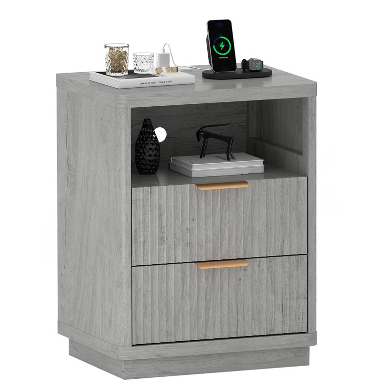 Fluted Nightstand with Charging Station, Mid Century Modern Fluted Nightstand, Modern End Table with Curved Corners