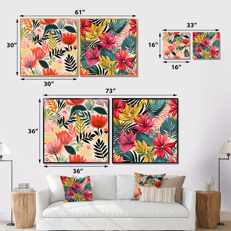 Motif de jungle, feuilles de palmier I - ensemble d'art mural sur toile Jungle, Toile tendue, H 16 po x l 33 po x P 1 po