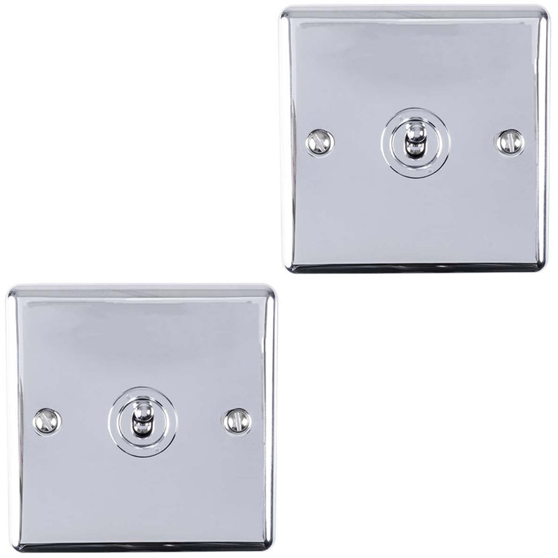2 PACK 1 Gang Single Retro Toggle Light Switch BLACK NICKEL 10A 2 Way Plate, Silver, Polished Chrome