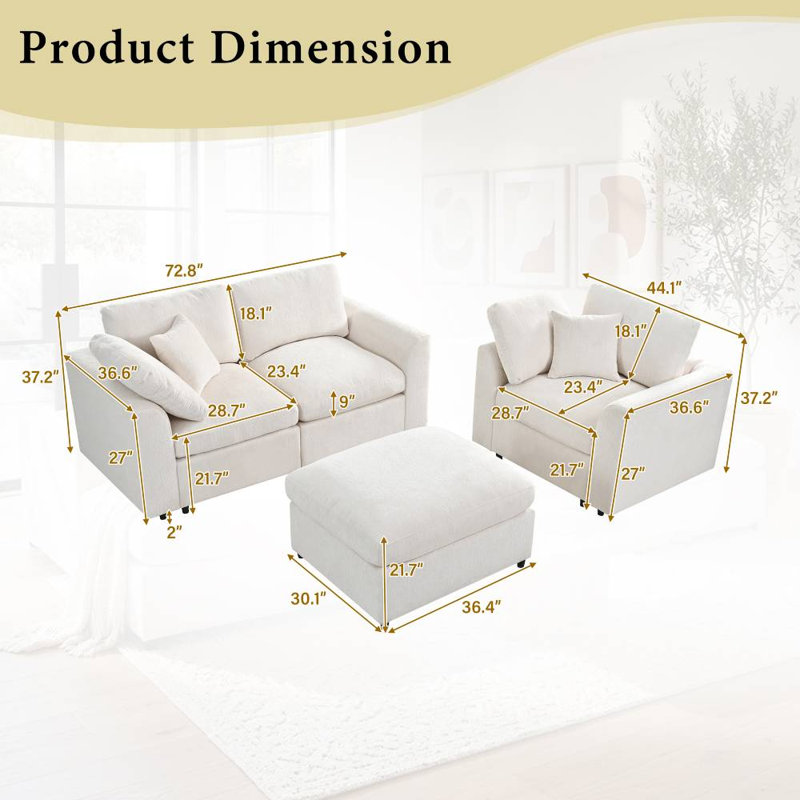 Ensemble de canapé modulaire 3 pièces (beige), Chenille beige