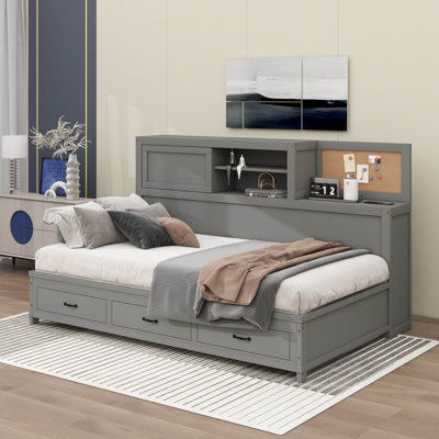 Jacksten Wooden Daybed With 3 Drawers, Upper Soft Board, Shelf, Sockets And USB Ports
