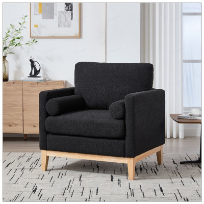 Modern Farmhouse Boucle Accent Chair with Natural Wood Legs and Two Bolster Pillows for Comfortable Seating in Living Rooms, Offices, and Lounges.