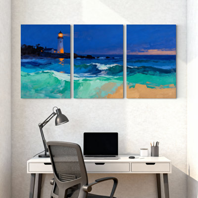 Nautique et plage, phare la nuit, océan, vagues, plage, ensemble de 3 impressions sur toile