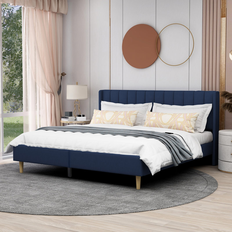 King Size Blue Velvet Upholstered Platform Bed with Tufted Headboard