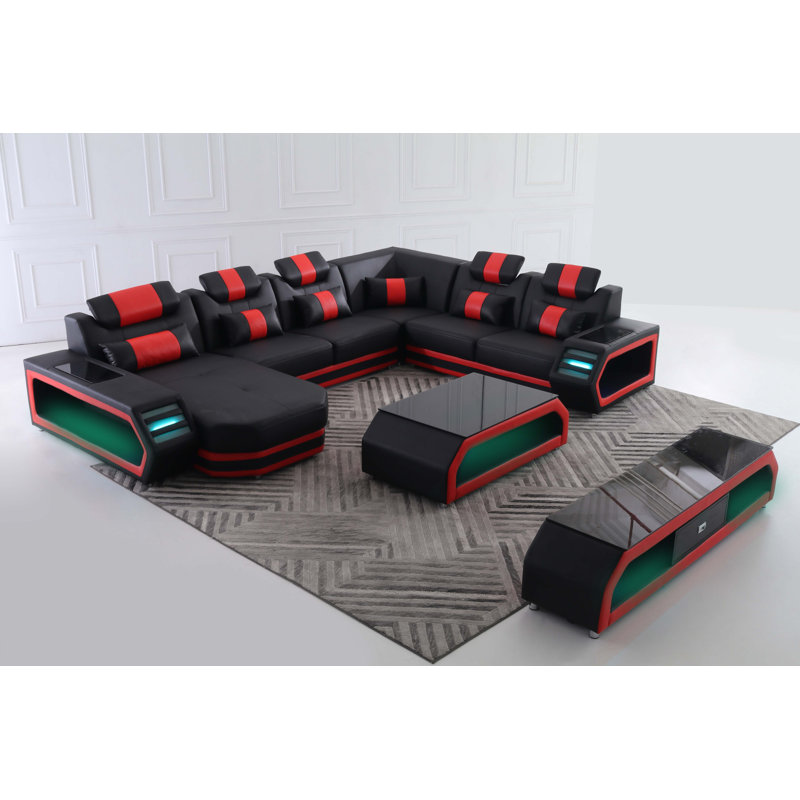 Canapé modulaire en cuir véritable de 149,5 po Ambistroie, Cuir véritable noir / rouge, Orienté vers la gauche