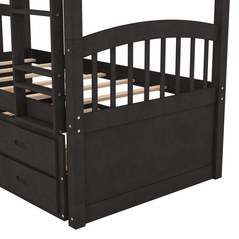 Lit superposé simple au-dessus d'un lit simple en bois avec lit gigogne et tiroirs, espresso