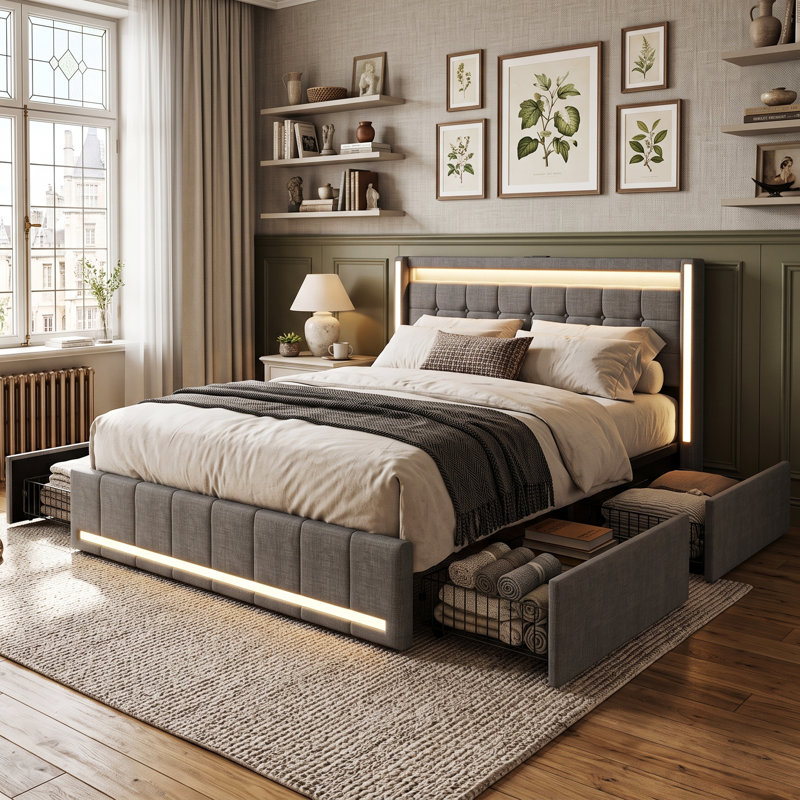 UK&EU Size Smart Linen Bed Frame with App-Controlled LED Lights, Upholstered Storage Bed with 4 Drawers & USB Charging Station, Grey & Beige