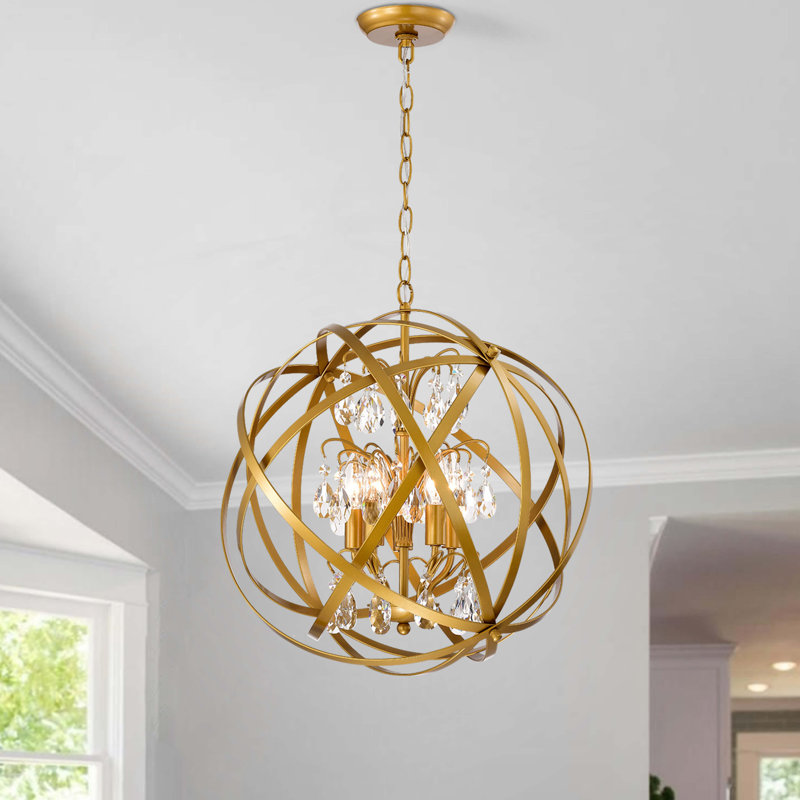 Lustre orbe 5 lumières en métal et cristal 18,9 po Quon, Or, 5 lumières