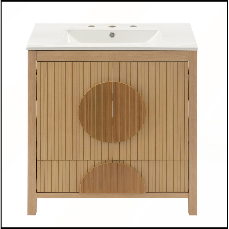 Meuble-lavabo cannelé de 30 pouces avec lavabo, portes à fermeture en douceur, tiroir et rangement ouvert, fabrication en bois massif et en panneau de fibres à densité moyenne