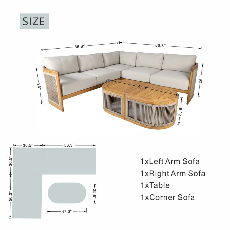 L-Shape 4-Seat Solid Acacia Modular Sofa Set With Oval Coffee Table
