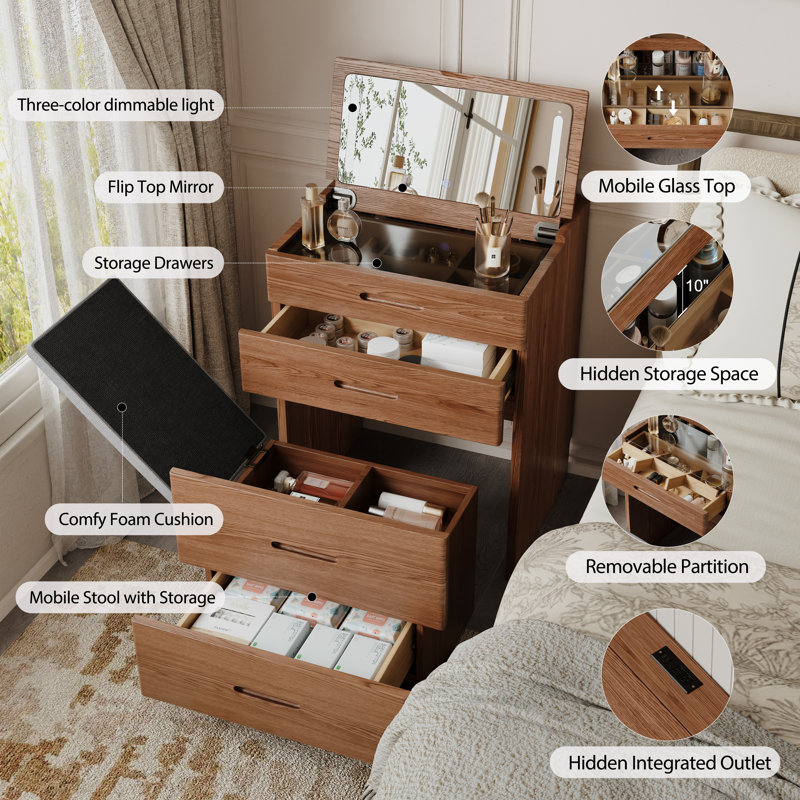Solid Wood Hidden Chair Makeup Vanity, 3-in-1 Flip-Top Mirror with LED Lights & Power Outlet, No Assembly Required, Brown