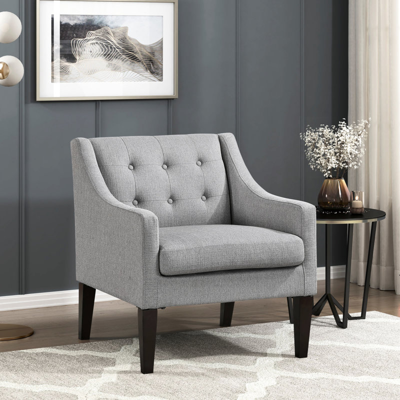 Chaise d'appoint de salon moderne en gris, revêtement en tissu à boutons, structure en contreplaqué, coussins de siège en mousse haute, housse réversible, coussin de pieds en bois d'hévéa brun amovible