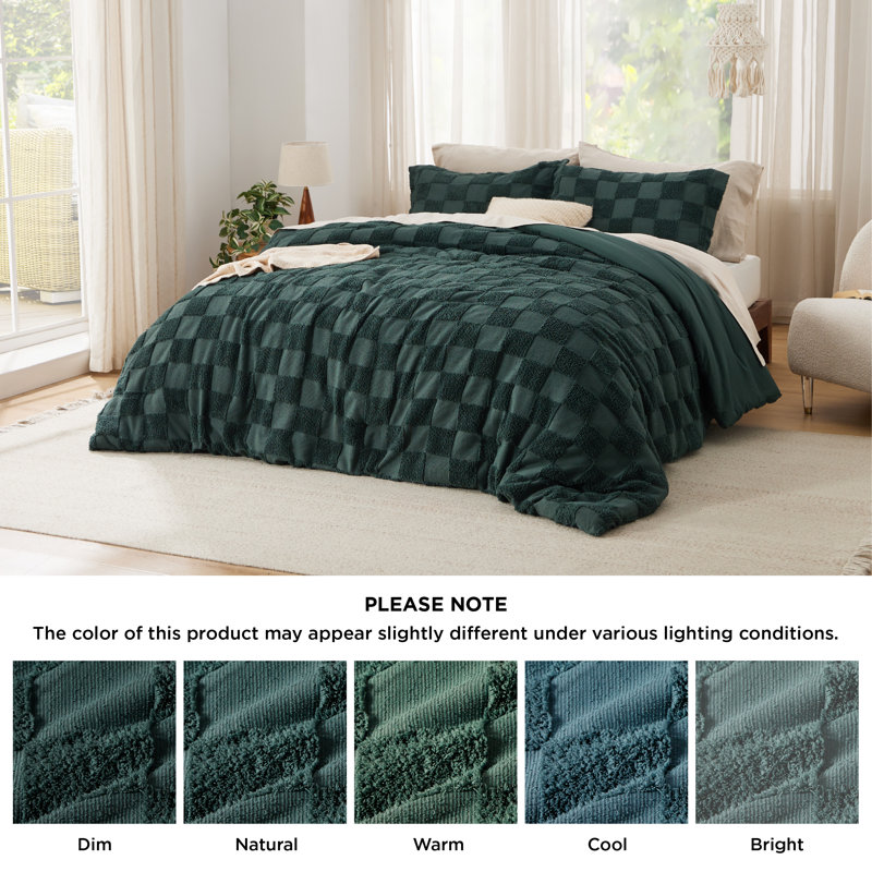 Bedsure Boho Tufted Checkered Farmhouse Comforter Set, Emerald, Twin Comforter + 1 Standard Sham