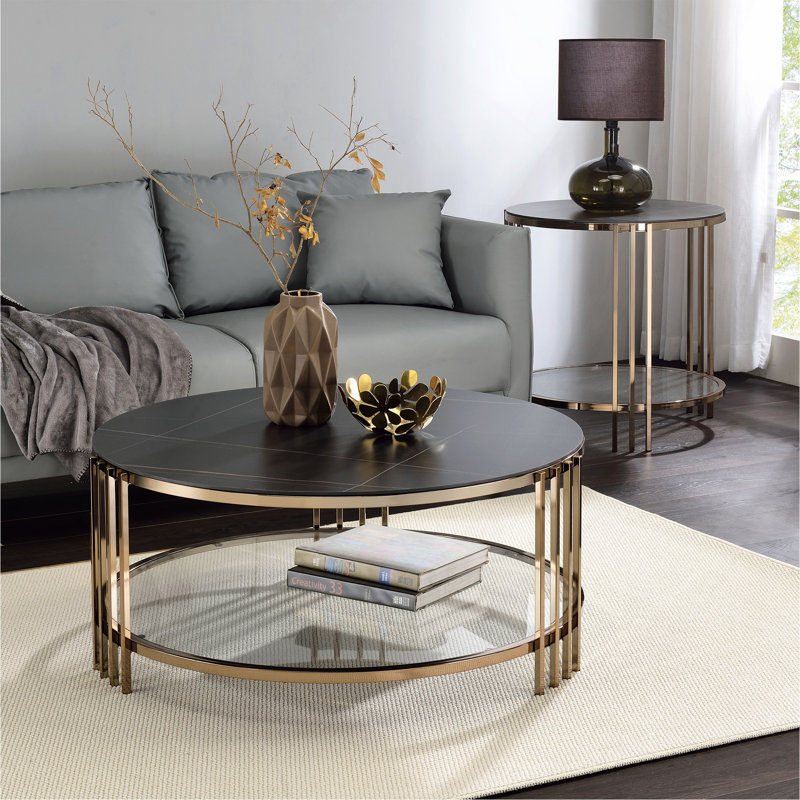 Coffee Table Sintered Stone Top & Champagne Finish Round.